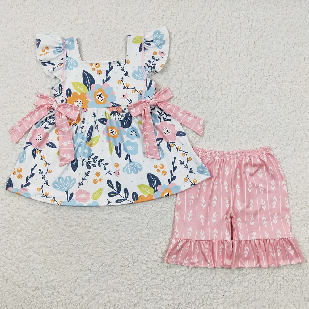 Baby Girls Clothes Summer Flowers Bows Tunic Ruffle Shorts Clothes Sets GSSO0241