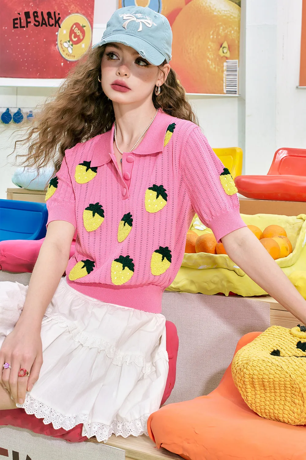 ELFSACK 2024 summer new arrival Three-dimensional strawberry pink Polo collar casual versatile cute style short-sleeved knitted sweater for women