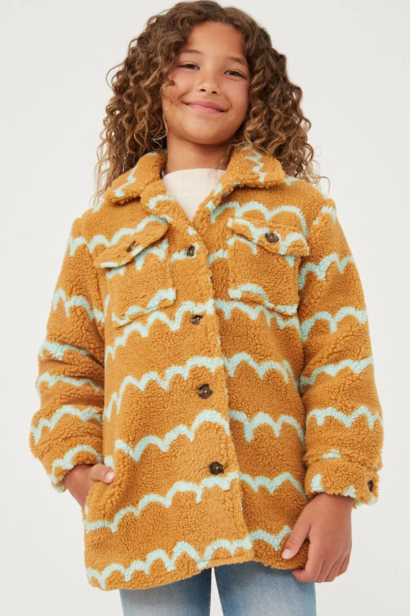 Girls Collared Check Pocket Stripe Print Sherpa Jacket