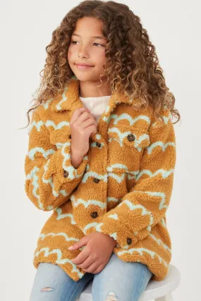 Girls Collared Check Pocket Stripe Print Sherpa Jacket