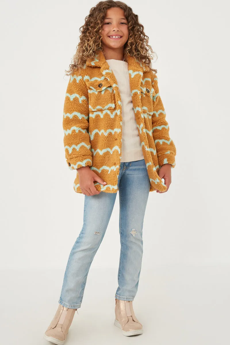 Girls Collared Check Pocket Stripe Print Sherpa Jacket