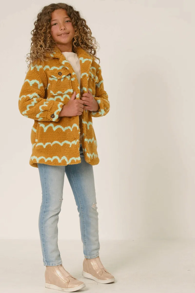 Girls Collared Check Pocket Stripe Print Sherpa Jacket