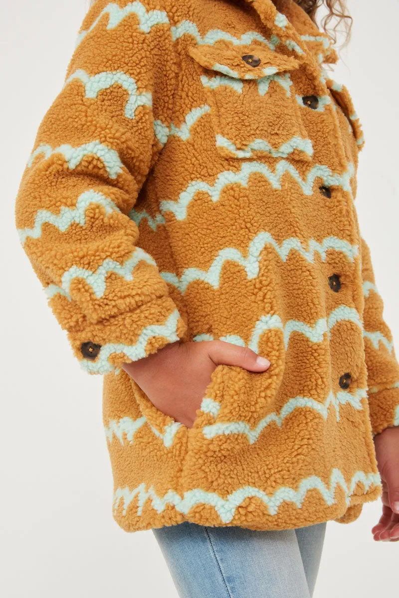 Girls Collared Check Pocket Stripe Print Sherpa Jacket