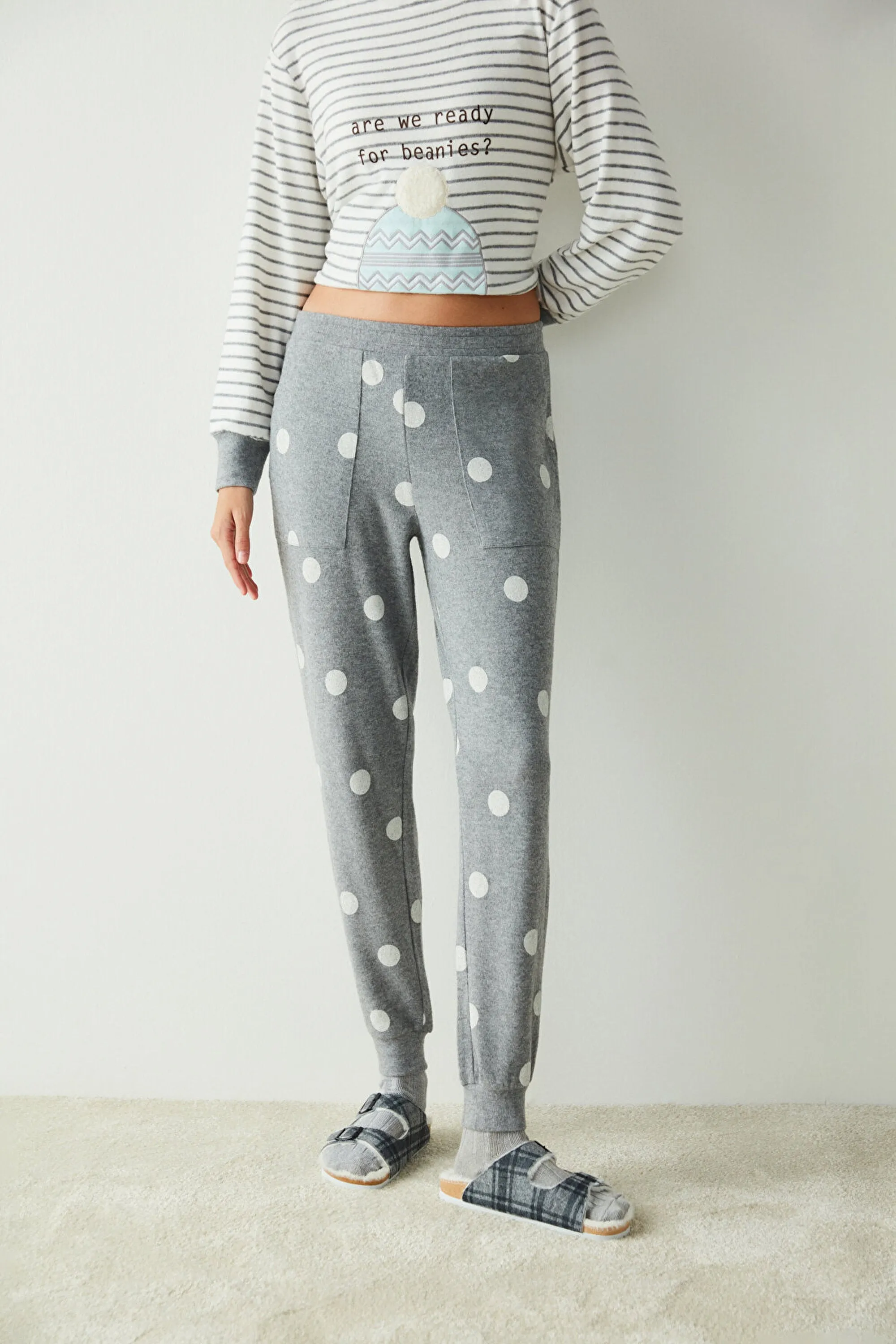 Grey Beanies Dotted Grey Cuff Thermal Pants