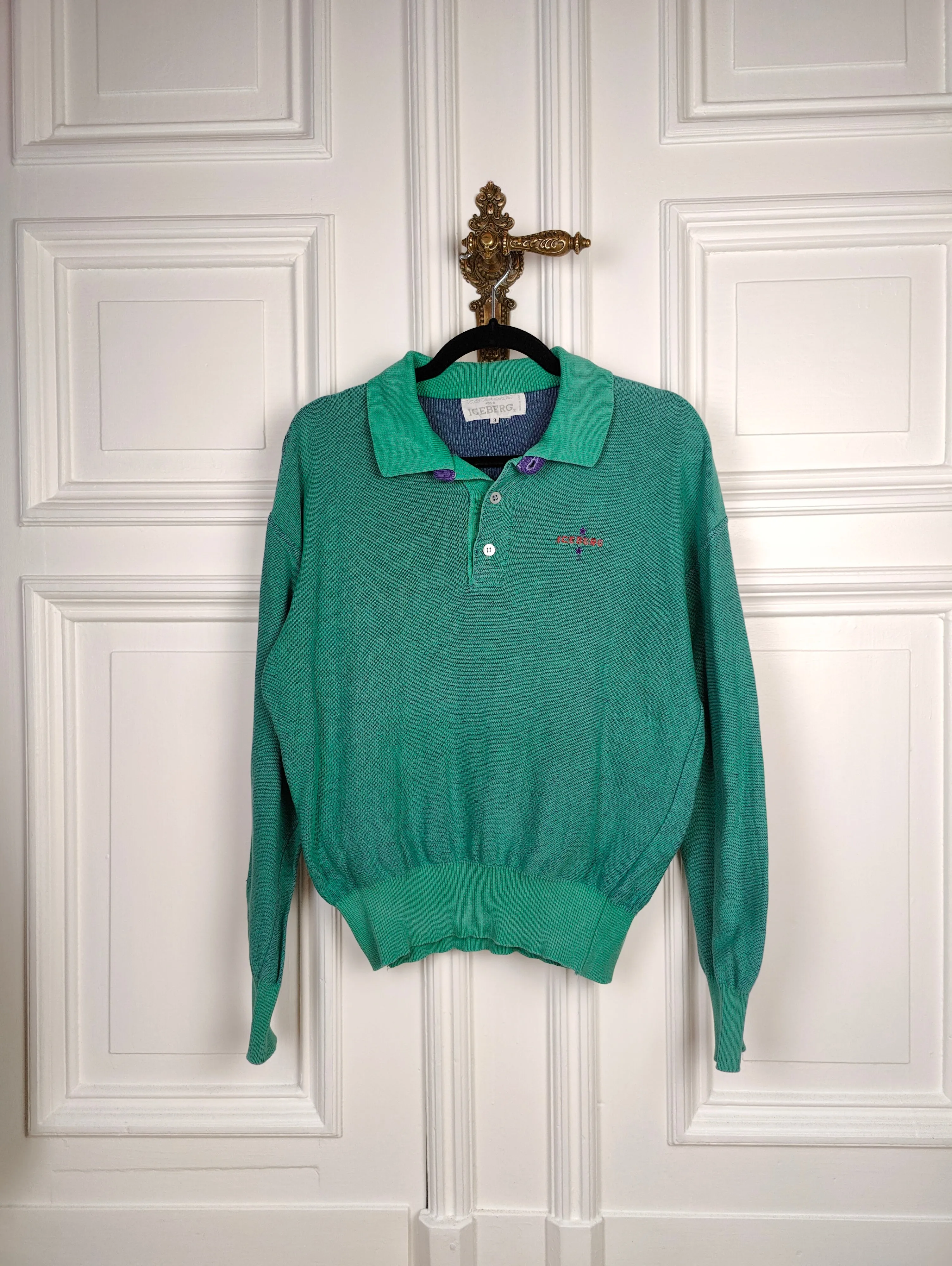 The JC De Castelbajac Iceberg Mint Polo | Vintage JC De Castelbajac Iceberg designer cotton knit sweater knitted jumper een knitted pullover green turquoise long sleeve 3 S