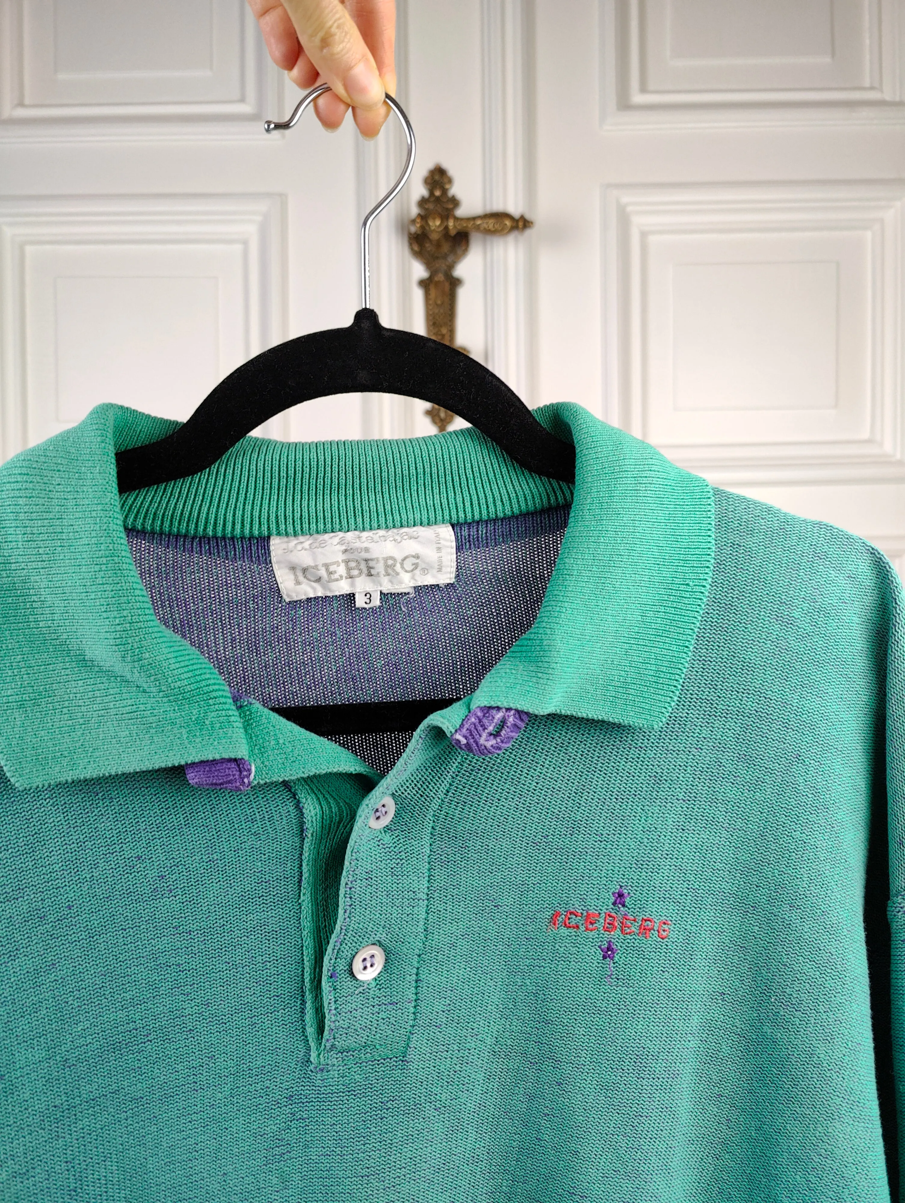 The JC De Castelbajac Iceberg Mint Polo | Vintage JC De Castelbajac Iceberg designer cotton knit sweater knitted jumper een knitted pullover green turquoise long sleeve 3 S