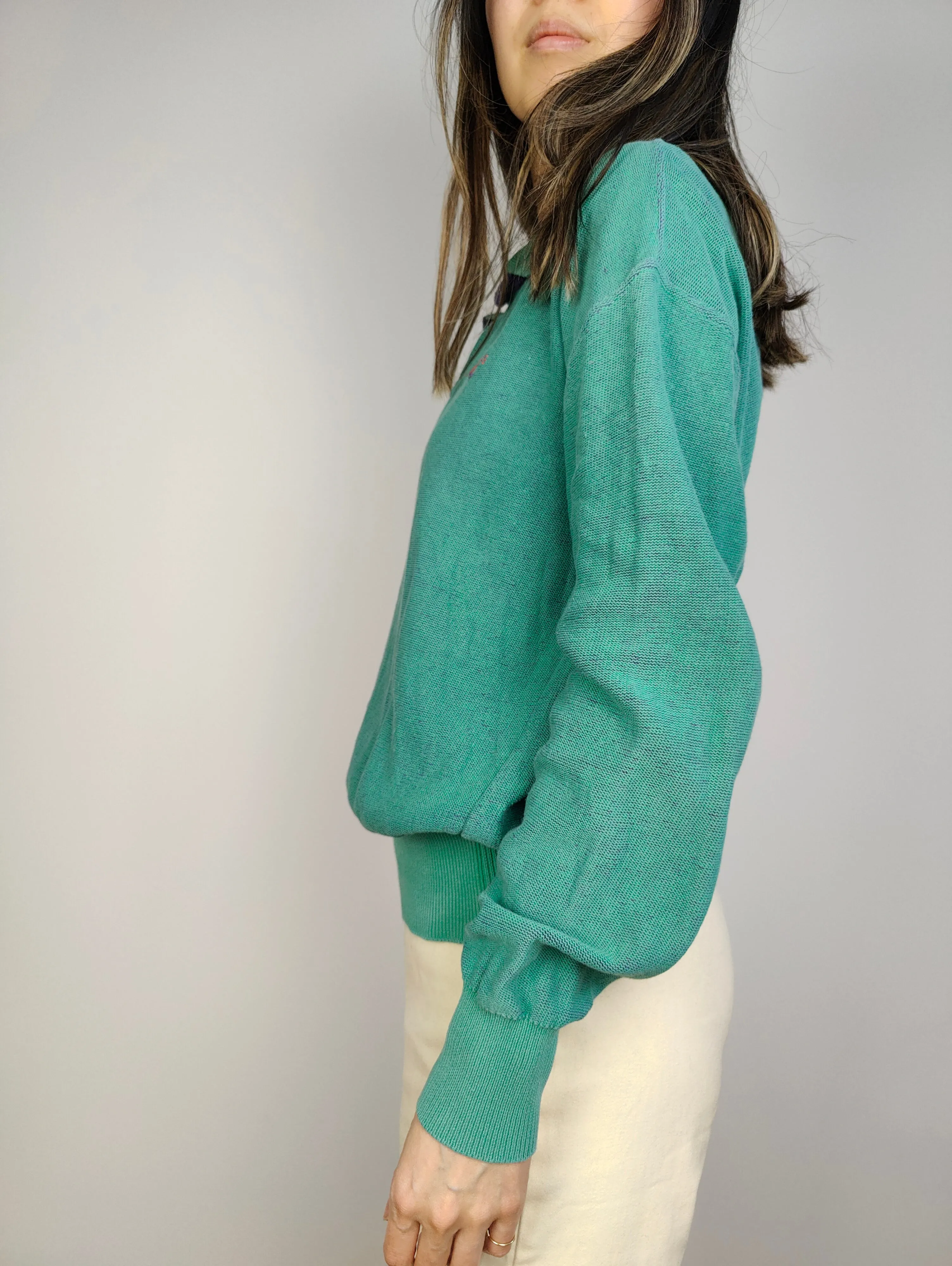 The JC De Castelbajac Iceberg Mint Polo | Vintage JC De Castelbajac Iceberg designer cotton knit sweater knitted jumper een knitted pullover green turquoise long sleeve 3 S