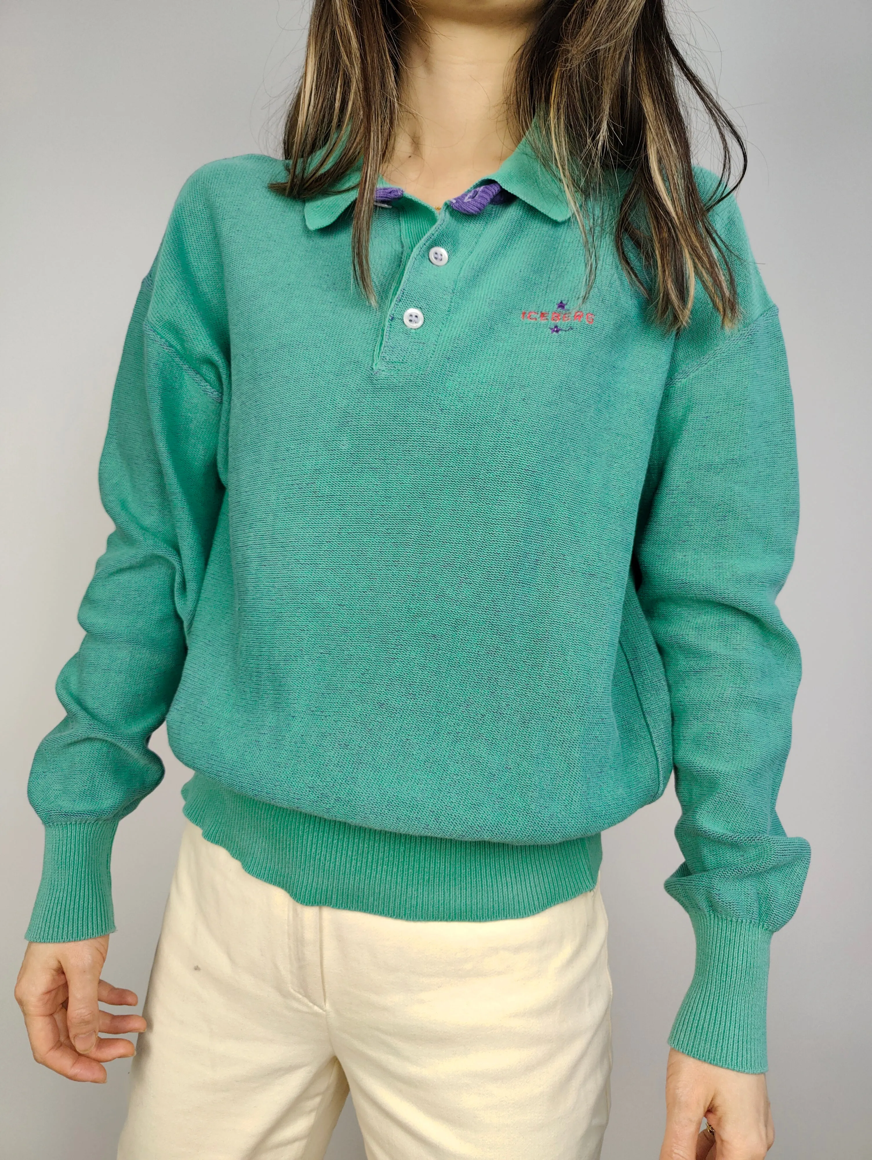 The JC De Castelbajac Iceberg Mint Polo | Vintage JC De Castelbajac Iceberg designer cotton knit sweater knitted jumper een knitted pullover green turquoise long sleeve 3 S