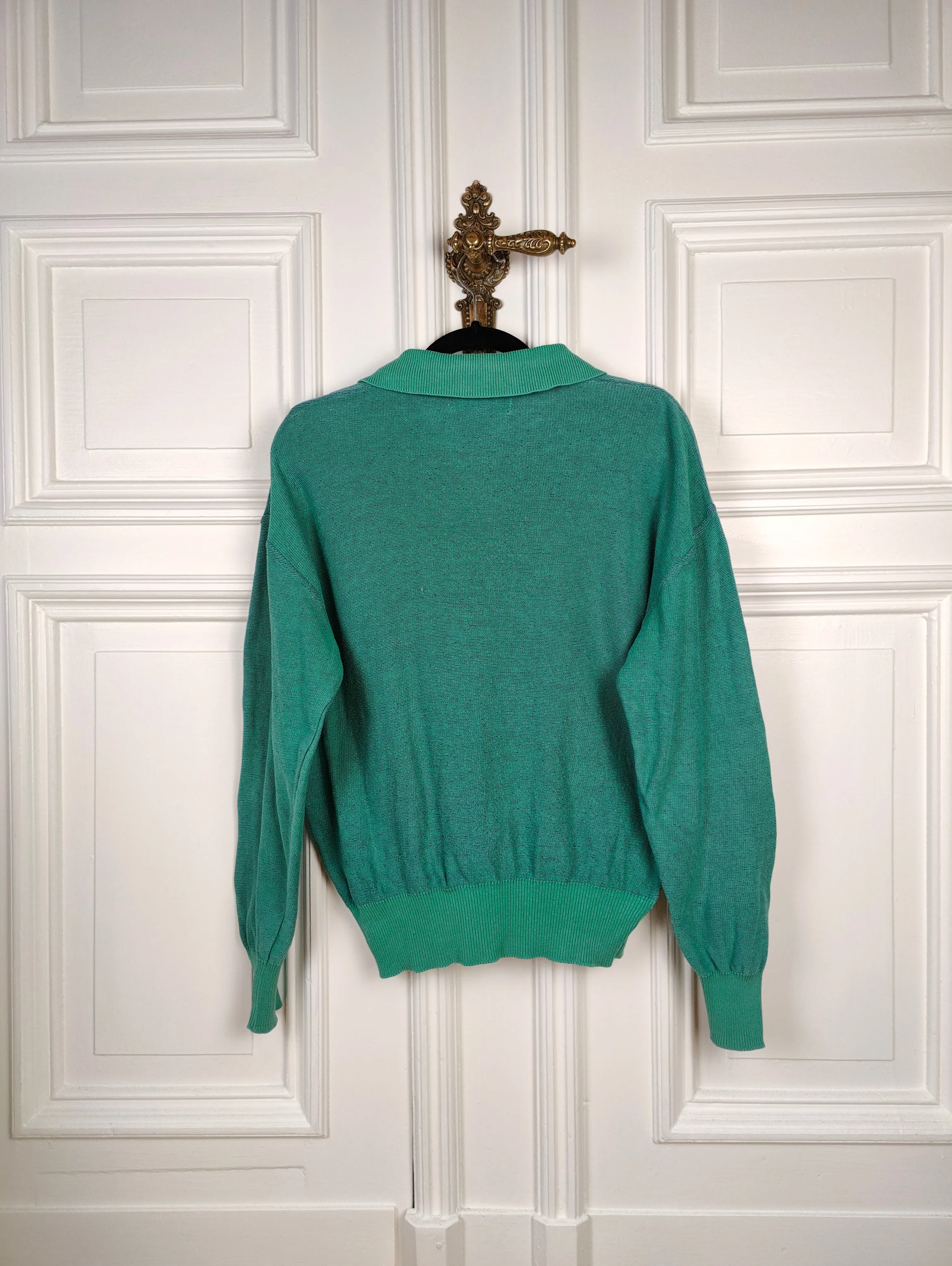 The JC De Castelbajac Iceberg Mint Polo | Vintage JC De Castelbajac Iceberg designer cotton knit sweater knitted jumper een knitted pullover green turquoise long sleeve 3 S
